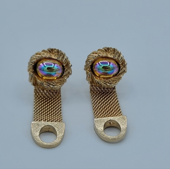 Goldtone Cufflinks Amber Tone Cabachon Aurora Borealis Finish #1182 - Picture 6 of 13